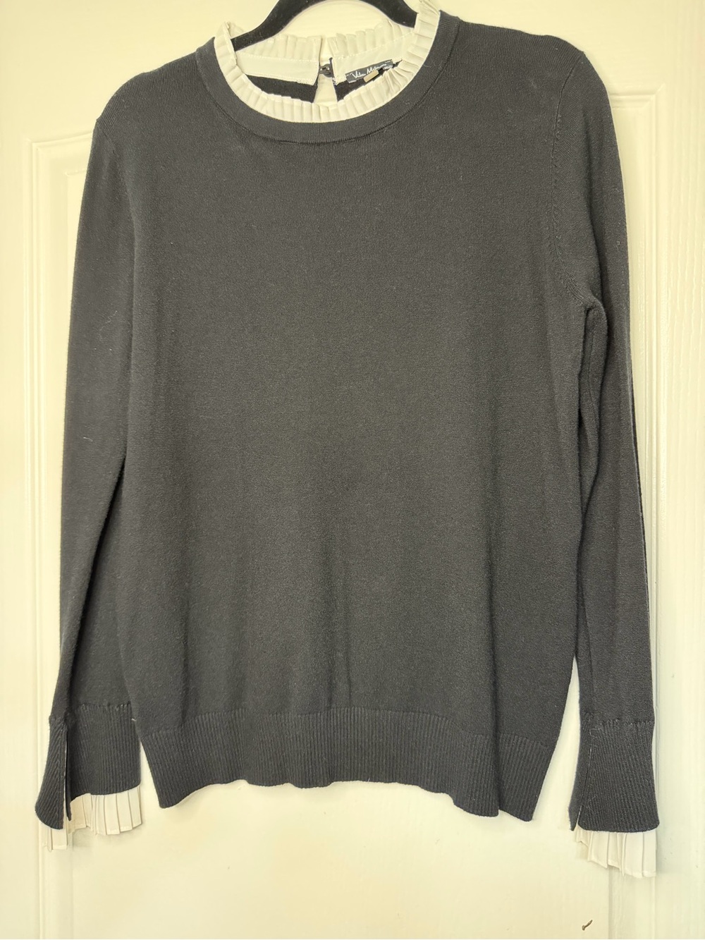 Vila Milano Black Sweater with White Pleated Ruffle Trim Size L